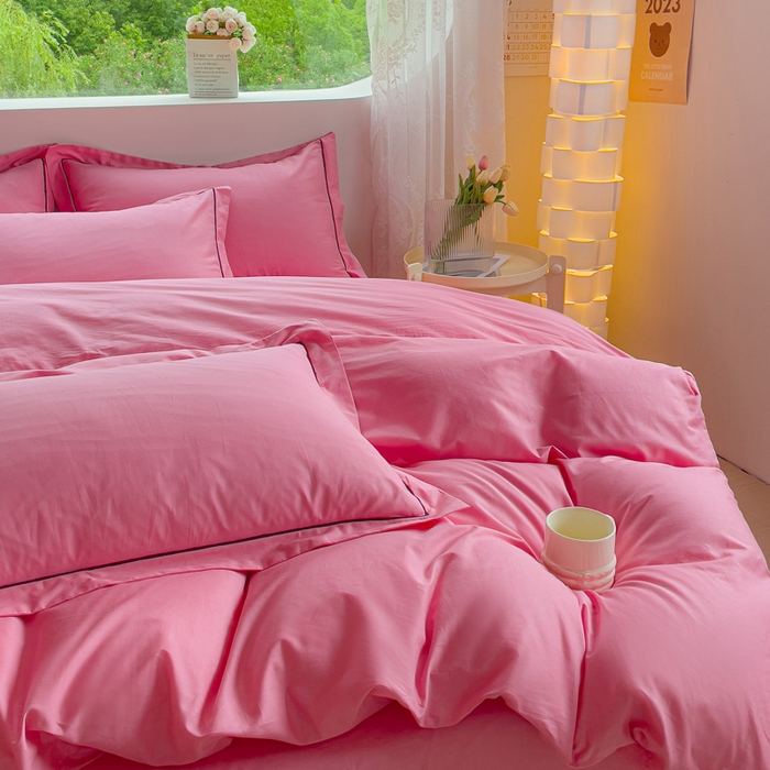 91家纺网 家纺一手货源 找家纺 锦彩家居 2026新款40支正宗13372双拼纯色全棉四件套酒店宾馆民宿学生三件套（可定制）标准号的床单是圆角吊边；小号和加大的床单都是直角 树莓