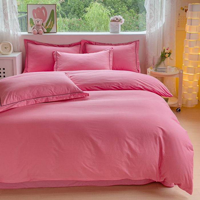 91家纺网 家纺一手货源 找家纺 锦彩家居 2026新款40支正宗13372双拼纯色全棉四件套酒店宾馆民宿学生三件套（可定制）标准号的床单是圆角吊边；小号和加大的床单都是直角 树莓