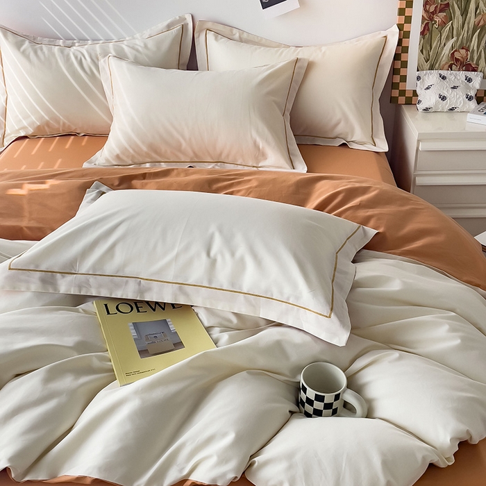 91家纺网 家纺一手货源 找家纺 锦彩家居 2026新款40支正宗13372双拼纯色全棉四件套酒店宾馆民宿学生三件套（可定制）标准号的床单是圆角吊边；小号和加大的床单都是直角 奶昔白-南瓜橘