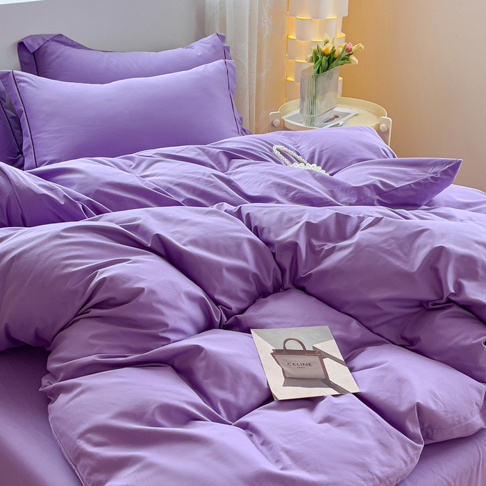 91家纺网 家纺一手货源 找家纺 锦彩家居 2026新款40支正宗13372双拼纯色全棉四件套酒店宾馆民宿学生三件套（可定制）标准号的床单是圆角吊边；小号和加大的床单都是直角 葡萄紫