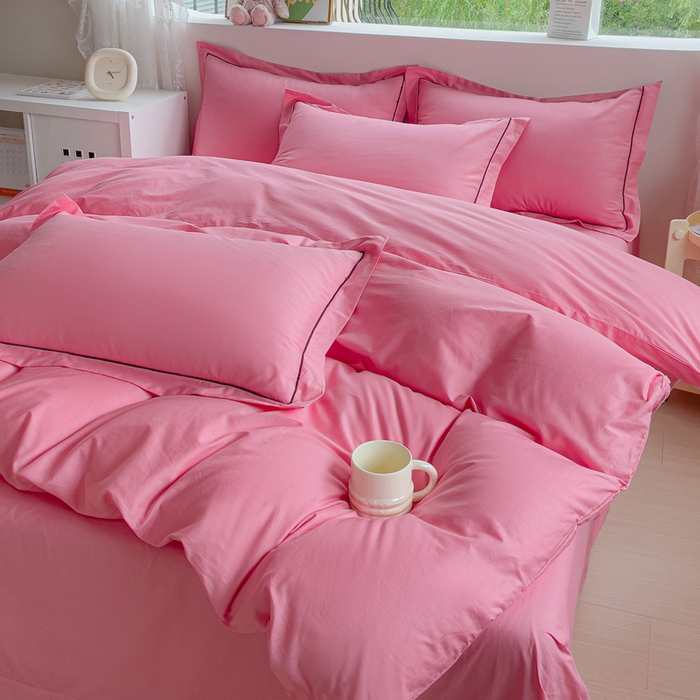 91家纺网 家纺一手货源 找家纺 锦彩家居 2026新款40支正宗13372双拼纯色全棉四件套酒店宾馆民宿学生三件套（可定制）标准号的床单是圆角吊边；小号和加大的床单都是直角 树莓