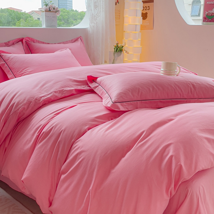 91家纺网 家纺一手货源 找家纺 锦彩家居 2026新款40支正宗13372双拼纯色全棉四件套酒店宾馆民宿学生三件套（可定制）标准号的床单是圆角吊边；小号和加大的床单都是直角 树莓