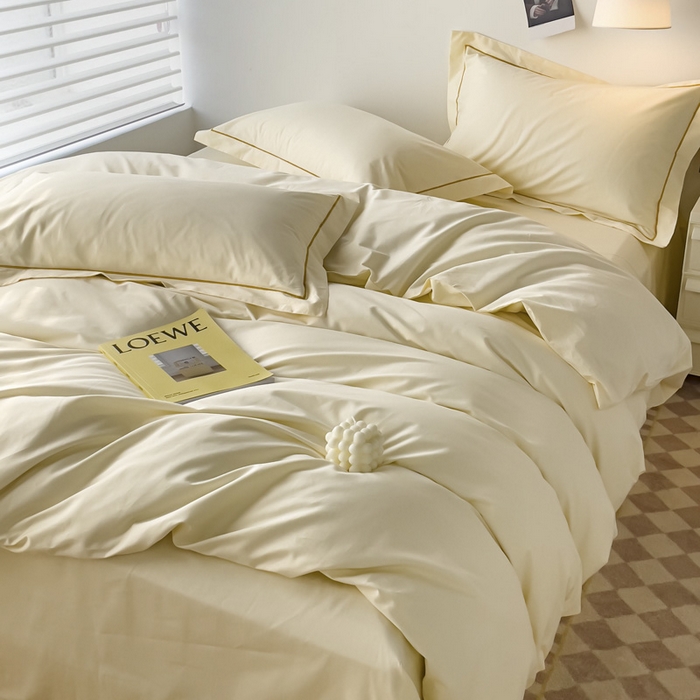 91家纺网 家纺一手货源 找家纺 锦彩家居 2026新款40支正宗13372双拼纯色全棉四件套酒店宾馆民宿学生三件套（可定制）标准号的床单是圆角吊边；小号和加大的床单都是直角 奶昔白