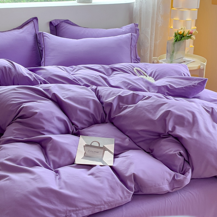 91家纺网 家纺一手货源 找家纺 锦彩家居 2026新款40支正宗13372双拼纯色全棉四件套酒店宾馆民宿学生三件套（可定制）标准号的床单是圆角吊边；小号和加大的床单都是直角 葡萄紫