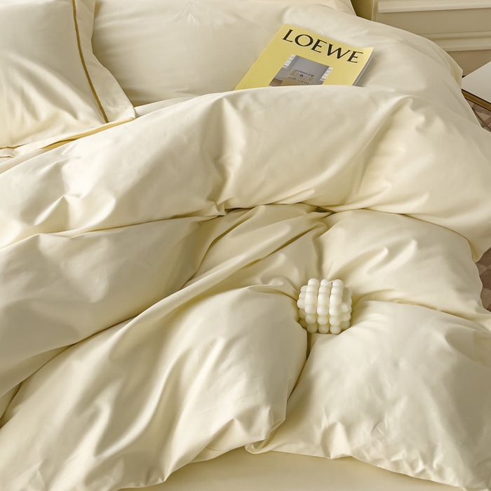 91家纺网 家纺一手货源 找家纺 锦彩家居 2026新款40支正宗13372双拼纯色全棉四件套酒店宾馆民宿学生三件套（可定制）标准号的床单是圆角吊边；小号和加大的床单都是直角 奶昔白