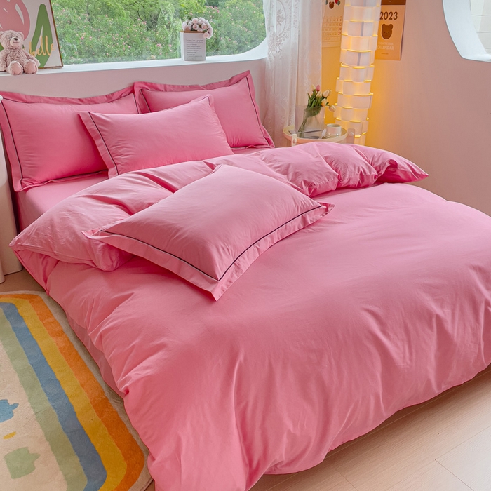 91家纺网 家纺一手货源 找家纺 锦彩家居 2026新款40支正宗13372双拼纯色全棉四件套酒店宾馆民宿学生三件套（可定制）标准号的床单是圆角吊边；小号和加大的床单都是直角 树莓