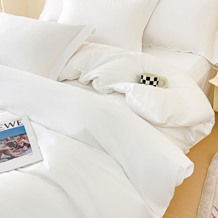 91家纺网 家纺一手货源 找家纺 锦彩家居 2026新款40支正宗13372双拼纯色全棉四件套酒店宾馆民宿学生三件套（可定制）标准号的床单是圆角吊边；小号和加大的床单都是直角 拉链款纯白--枕套不含一字绣