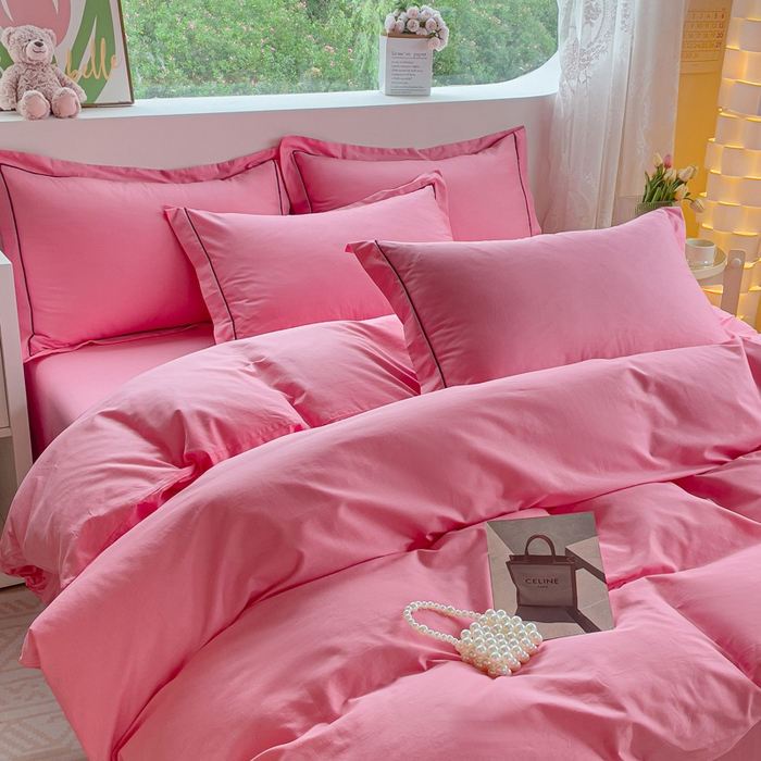 91家纺网 家纺一手货源 找家纺 锦彩家居 2026新款40支正宗13372双拼纯色全棉四件套酒店宾馆民宿学生三件套（可定制）标准号的床单是圆角吊边；小号和加大的床单都是直角 树莓