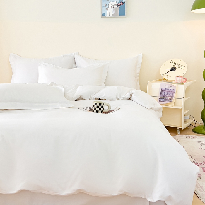 91家纺网 家纺一手货源 找家纺 锦彩家居 2026新款40支正宗13372双拼纯色全棉四件套酒店宾馆民宿学生三件套（可定制）标准号的床单是圆角吊边；小号和加大的床单都是直角 拉链款纯白--枕套不含一字绣