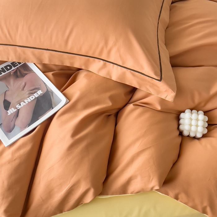 91家纺网 家纺一手货源 找家纺 锦彩家居 2026新款40支正宗13372双拼纯色全棉四件套酒店宾馆民宿学生三件套（可定制）标准号的床单是圆角吊边；小号和加大的床单都是直角 南瓜橘-初黄
