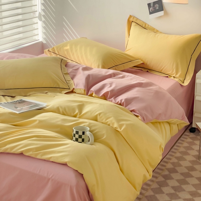 91家纺网 家纺一手货源 找家纺 锦彩家居 2026新款40支正宗13372双拼纯色全棉四件套酒店宾馆民宿学生三件套（可定制）标准号的床单是圆角吊边；小号和加大的床单都是直角 初黄-浅豆沙