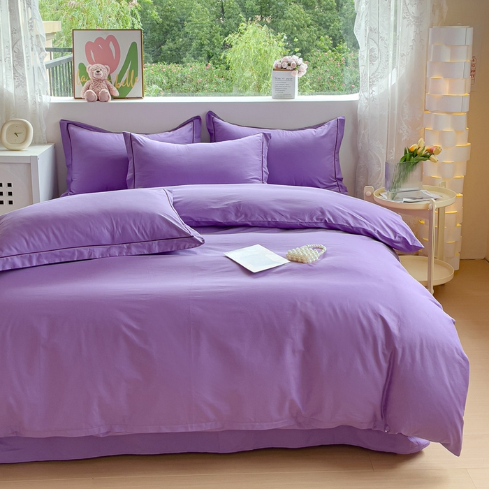 91家纺网 家纺一手货源 找家纺 锦彩家居 2026新款40支正宗13372双拼纯色全棉四件套酒店宾馆民宿学生三件套（可定制）标准号的床单是圆角吊边；小号和加大的床单都是直角 葡萄紫