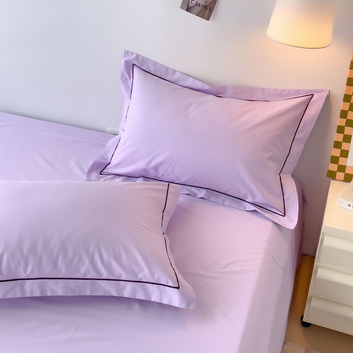 91家纺网 家纺一手货源 找家纺 锦彩家居 2026新款40支正宗13372双拼纯色全棉四件套酒店宾馆民宿学生三件套（可定制）标准号的床单是圆角吊边；小号和加大的床单都是直角 浅紫
