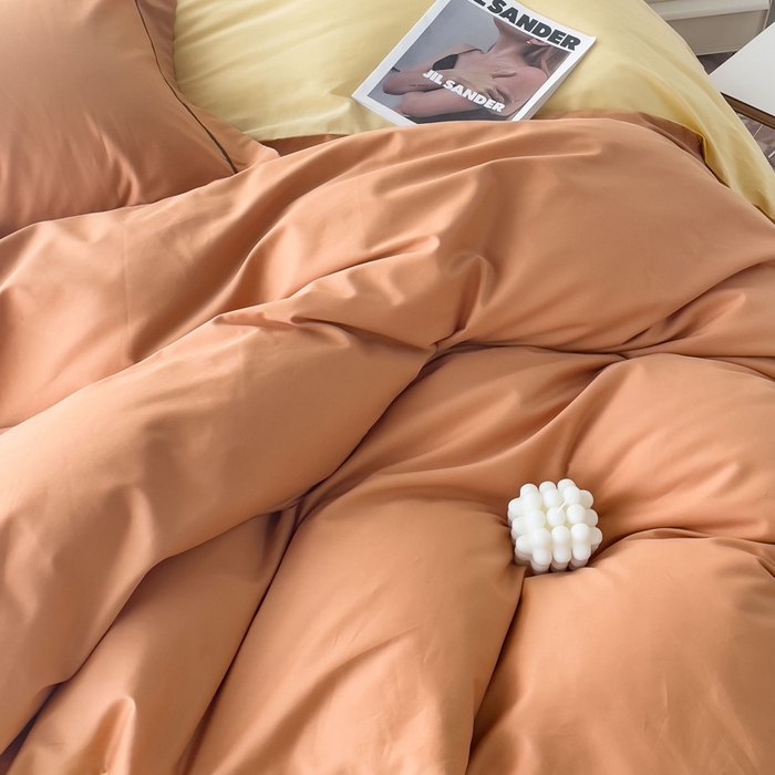 91家纺网 家纺一手货源 找家纺 锦彩家居 2026新款40支正宗13372双拼纯色全棉四件套酒店宾馆民宿学生三件套（可定制）标准号的床单是圆角吊边；小号和加大的床单都是直角 南瓜橘-初黄