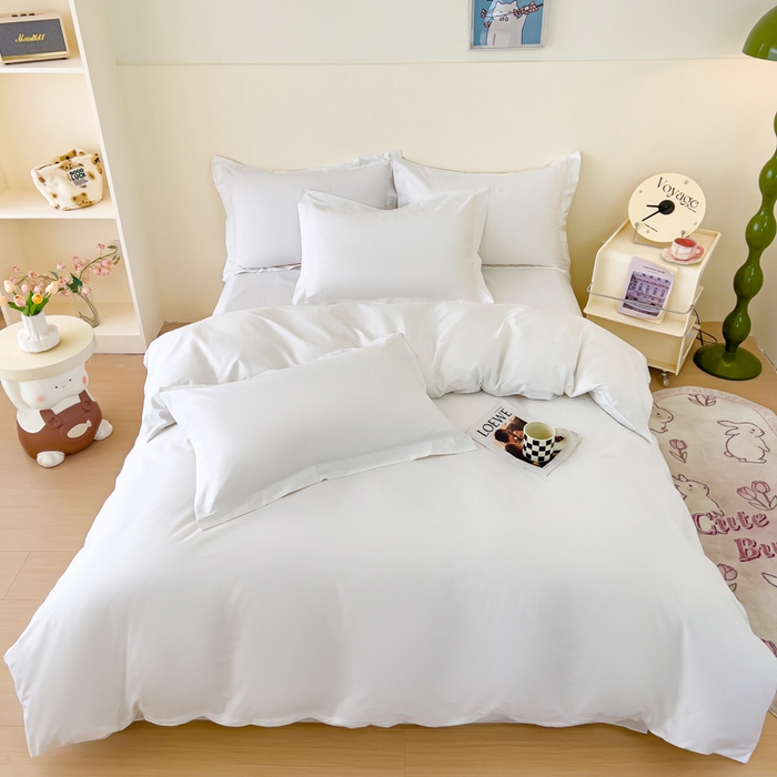 91家纺网 家纺一手货源 找家纺 锦彩家居 2026新款40支正宗13372双拼纯色全棉四件套酒店宾馆民宿学生三件套（可定制）标准号的床单是圆角吊边；小号和加大的床单都是直角 拉链款纯白--枕套不含一字绣