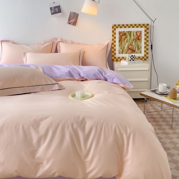 91家纺网 家纺一手货源 找家纺 锦彩家居 2026新款40支正宗13372双拼纯色全棉四件套酒店宾馆民宿学生三件套（可定制）标准号的床单是圆角吊边；小号和加大的床单都是直角 蜜桃粉-浅紫