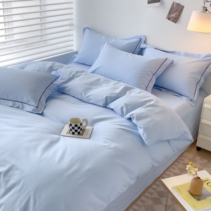 91家纺网 家纺一手货源 找家纺 锦彩家居 2026新款40支正宗13372双拼纯色全棉四件套酒店宾馆民宿学生三件套（可定制）标准号的床单是圆角吊边；小号和加大的床单都是直角 天蓝