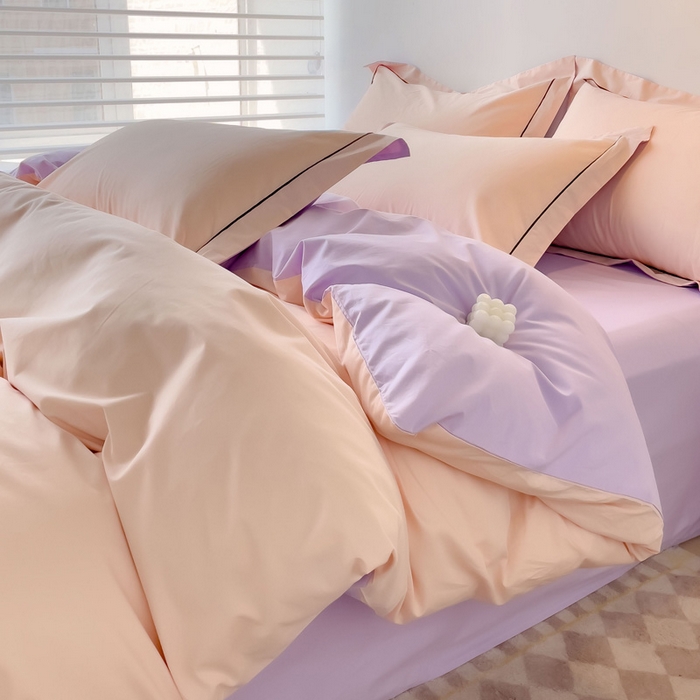 锦彩家居 2026新款40支正宗13372双拼纯色全棉四件套酒店宾馆民宿学生三件套（可定制）标准号的床单是圆角吊边；小号和加大的床单都是直角 蜜桃粉-浅紫