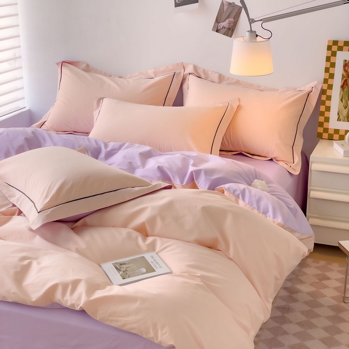 91家纺网 家纺一手货源 找家纺 锦彩家居 2026新款40支正宗13372双拼纯色全棉四件套酒店宾馆民宿学生三件套（可定制）标准号的床单是圆角吊边；小号和加大的床单都是直角 蜜桃粉-浅紫