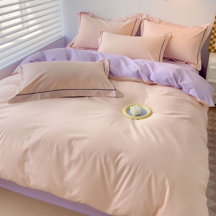 91家纺网 家纺一手货源 找家纺 锦彩家居 2026新款40支正宗13372双拼纯色全棉四件套酒店宾馆民宿学生三件套（可定制）标准号的床单是圆角吊边；小号和加大的床单都是直角 蜜桃粉-浅紫