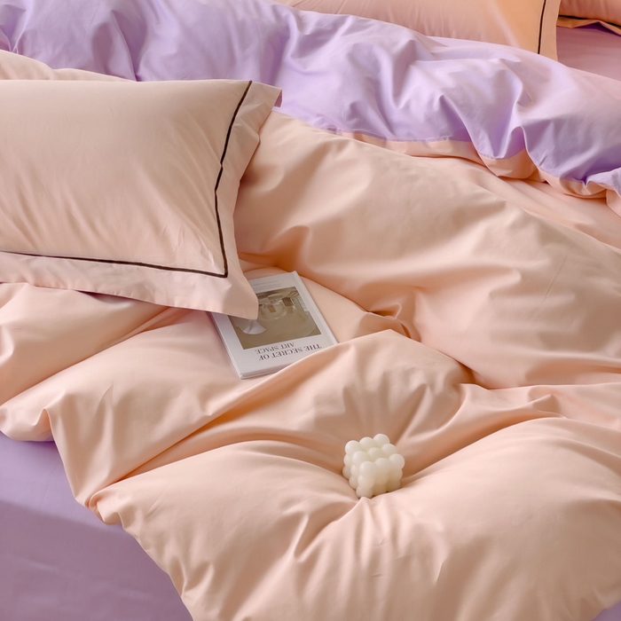 91家纺网 家纺一手货源 找家纺 锦彩家居 2026新款40支正宗13372双拼纯色全棉四件套酒店宾馆民宿学生三件套（可定制）标准号的床单是圆角吊边；小号和加大的床单都是直角 蜜桃粉-浅紫