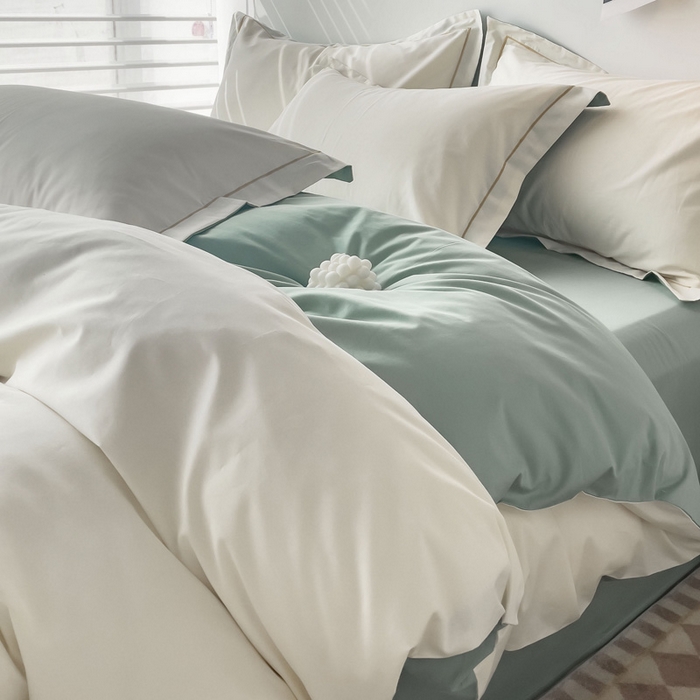 锦彩家居 2026新款40支正宗13372双拼纯色全棉四件套酒店宾馆民宿学生三件套（可定制）标准号的床单是圆角吊边；小号和加大的床单都是直角 奶昔白-豆绿