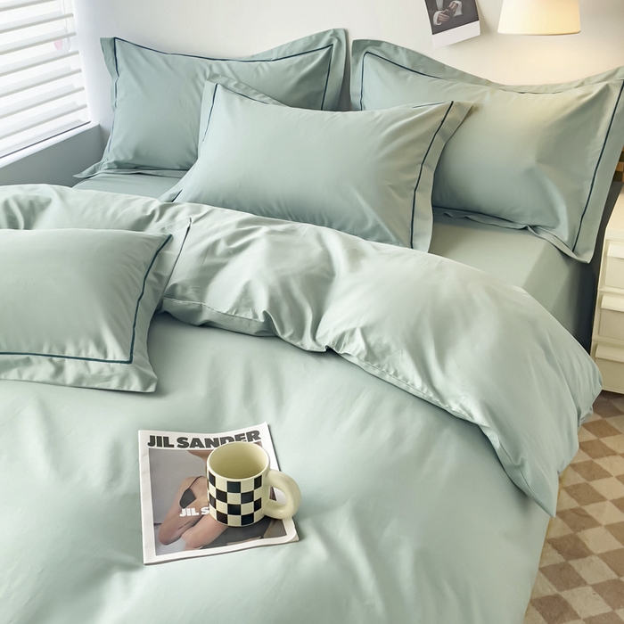 91家纺网 家纺一手货源 找家纺 锦彩家居 2026新款40支正宗13372双拼纯色全棉四件套酒店宾馆民宿学生三件套（可定制）标准号的床单是圆角吊边；小号和加大的床单都是直角 豆绿