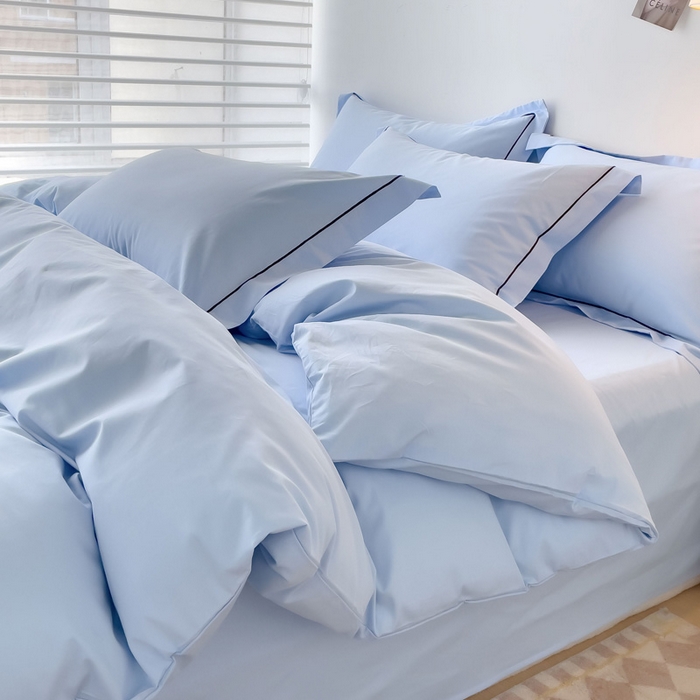 91家纺网 家纺一手货源 找家纺 锦彩家居 2026新款40支正宗13372双拼纯色全棉四件套酒店宾馆民宿学生三件套（可定制）标准号的床单是圆角吊边；小号和加大的床单都是直角 天蓝