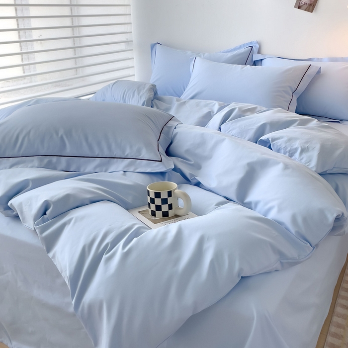 91家纺网 家纺一手货源 找家纺 锦彩家居 2026新款40支正宗13372双拼纯色全棉四件套酒店宾馆民宿学生三件套（可定制）标准号的床单是圆角吊边；小号和加大的床单都是直角 天蓝