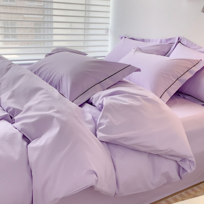 91家纺网 家纺一手货源 找家纺 锦彩家居 2026新款40支正宗13372双拼纯色全棉四件套酒店宾馆民宿学生三件套（可定制）标准号的床单是圆角吊边；小号和加大的床单都是直角 浅紫
