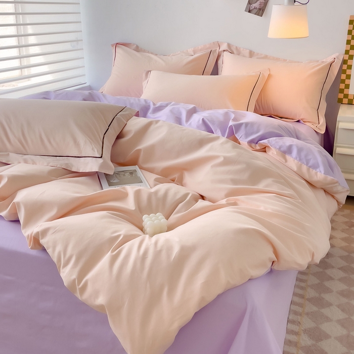 91家纺网 家纺一手货源 找家纺 锦彩家居 2026新款40支正宗13372双拼纯色全棉四件套酒店宾馆民宿学生三件套（可定制）标准号的床单是圆角吊边；小号和加大的床单都是直角 蜜桃粉-浅紫