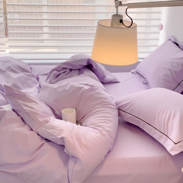 91家纺网 家纺一手货源 找家纺 锦彩家居 2026新款40支正宗13372双拼纯色全棉四件套酒店宾馆民宿学生三件套（可定制）标准号的床单是圆角吊边；小号和加大的床单都是直角 浅紫