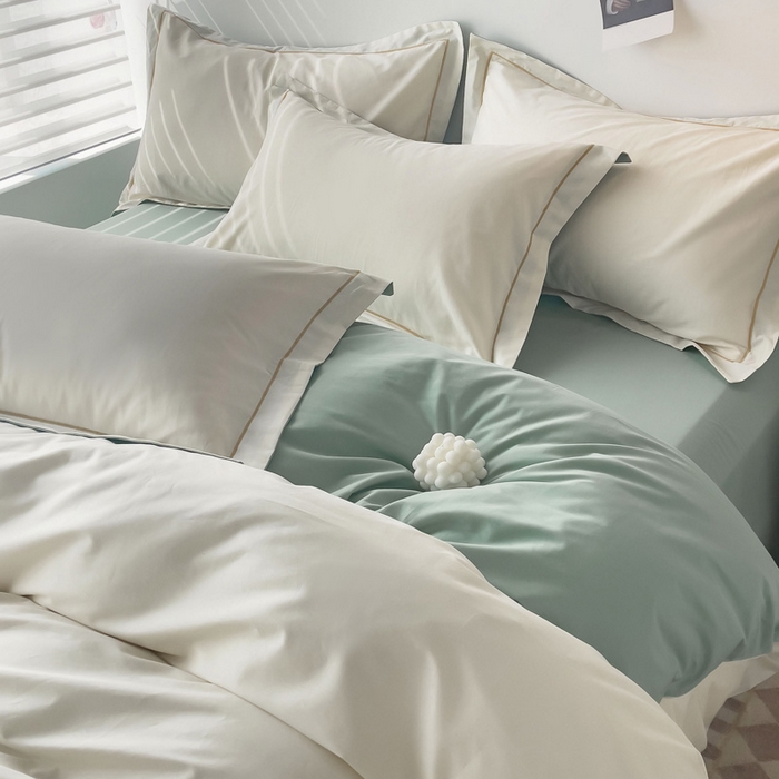 91家纺网 家纺一手货源 找家纺 锦彩家居 2026新款40支正宗13372双拼纯色全棉四件套酒店宾馆民宿学生三件套（可定制）标准号的床单是圆角吊边；小号和加大的床单都是直角 奶昔白-豆绿