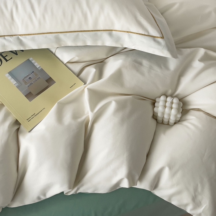 91家纺网 家纺一手货源 找家纺 锦彩家居 2026新款40支正宗13372双拼纯色全棉四件套酒店宾馆民宿学生三件套（可定制）标准号的床单是圆角吊边；小号和加大的床单都是直角 奶昔白-豆绿