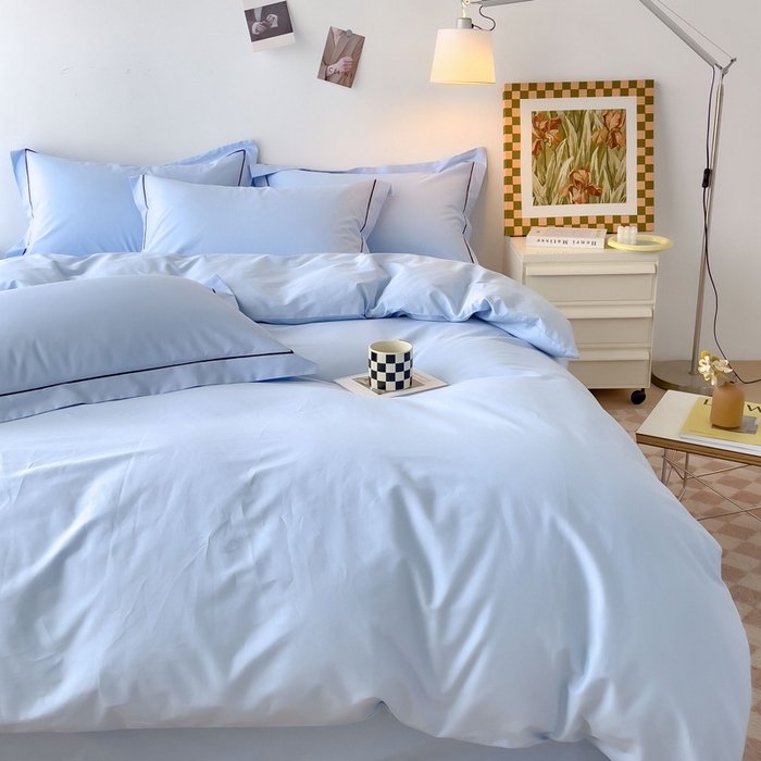 91家纺网 家纺一手货源 找家纺 锦彩家居 2026新款40支正宗13372双拼纯色全棉四件套酒店宾馆民宿学生三件套（可定制）标准号的床单是圆角吊边；小号和加大的床单都是直角 天蓝