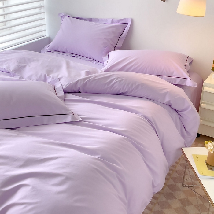 91家纺网 家纺一手货源 找家纺 锦彩家居 2026新款40支正宗13372双拼纯色全棉四件套酒店宾馆民宿学生三件套（可定制）标准号的床单是圆角吊边；小号和加大的床单都是直角 浅紫