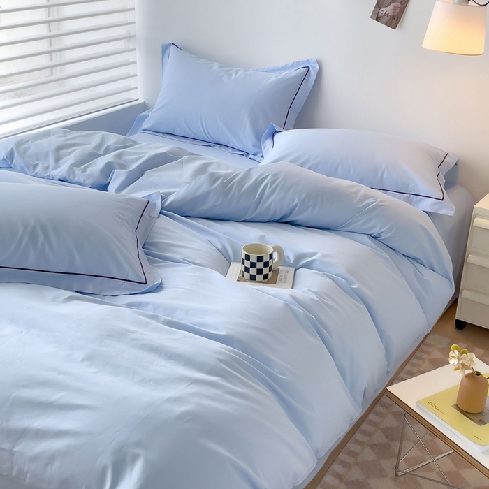 91家纺网 家纺一手货源 找家纺 锦彩家居 2026新款40支正宗13372双拼纯色全棉四件套酒店宾馆民宿学生三件套（可定制）标准号的床单是圆角吊边；小号和加大的床单都是直角 天蓝