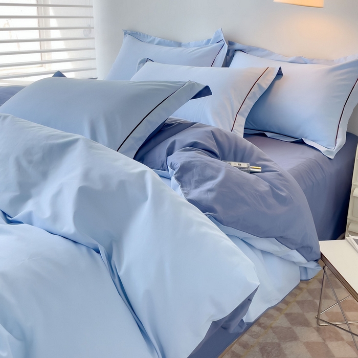 91家纺网 家纺一手货源 找家纺 锦彩家居 2026新款40支正宗13372双拼纯色全棉四件套酒店宾馆民宿学生三件套（可定制）标准号的床单是圆角吊边；小号和加大的床单都是直角 天蓝-宾利蓝