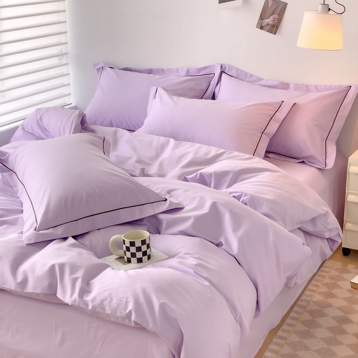 91家纺网 家纺一手货源 找家纺 锦彩家居 2026新款40支正宗13372双拼纯色全棉四件套酒店宾馆民宿学生三件套（可定制）标准号的床单是圆角吊边；小号和加大的床单都是直角 浅紫