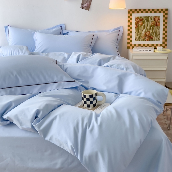 91家纺网 家纺一手货源 找家纺 锦彩家居 2026新款40支正宗13372双拼纯色全棉四件套酒店宾馆民宿学生三件套（可定制）标准号的床单是圆角吊边；小号和加大的床单都是直角 天蓝