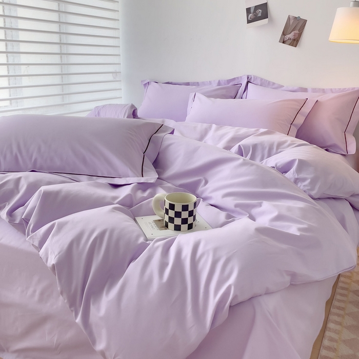 91家纺网 家纺一手货源 找家纺 锦彩家居 2026新款40支正宗13372双拼纯色全棉四件套酒店宾馆民宿学生三件套（可定制）标准号的床单是圆角吊边；小号和加大的床单都是直角 浅紫