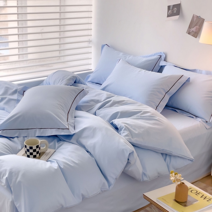 91家纺网 家纺一手货源 找家纺 锦彩家居 2026新款40支正宗13372双拼纯色全棉四件套酒店宾馆民宿学生三件套（可定制）标准号的床单是圆角吊边；小号和加大的床单都是直角 天蓝