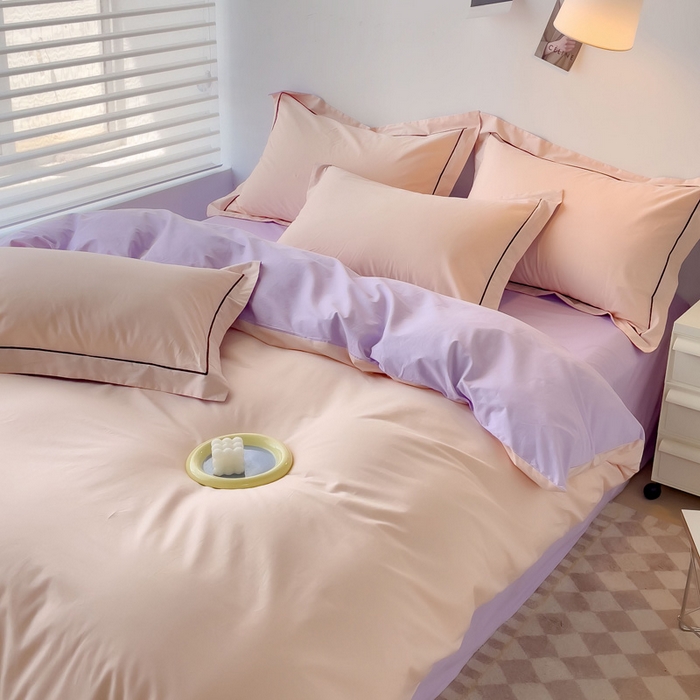 91家纺网 家纺一手货源 找家纺 锦彩家居 2026新款40支正宗13372双拼纯色全棉四件套酒店宾馆民宿学生三件套（可定制）标准号的床单是圆角吊边；小号和加大的床单都是直角 蜜桃粉-浅紫