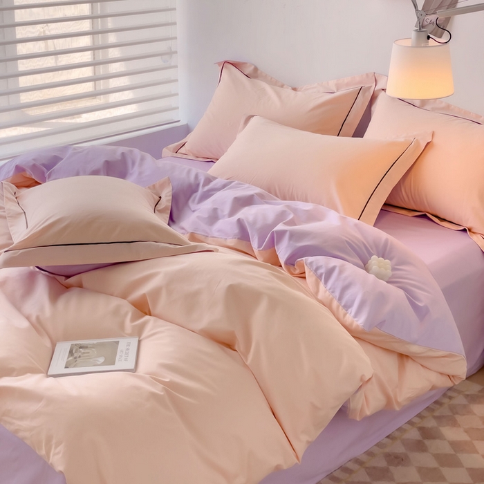 91家纺网 家纺一手货源 找家纺 锦彩家居 2026新款40支正宗13372双拼纯色全棉四件套酒店宾馆民宿学生三件套（可定制）标准号的床单是圆角吊边；小号和加大的床单都是直角 蜜桃粉-浅紫