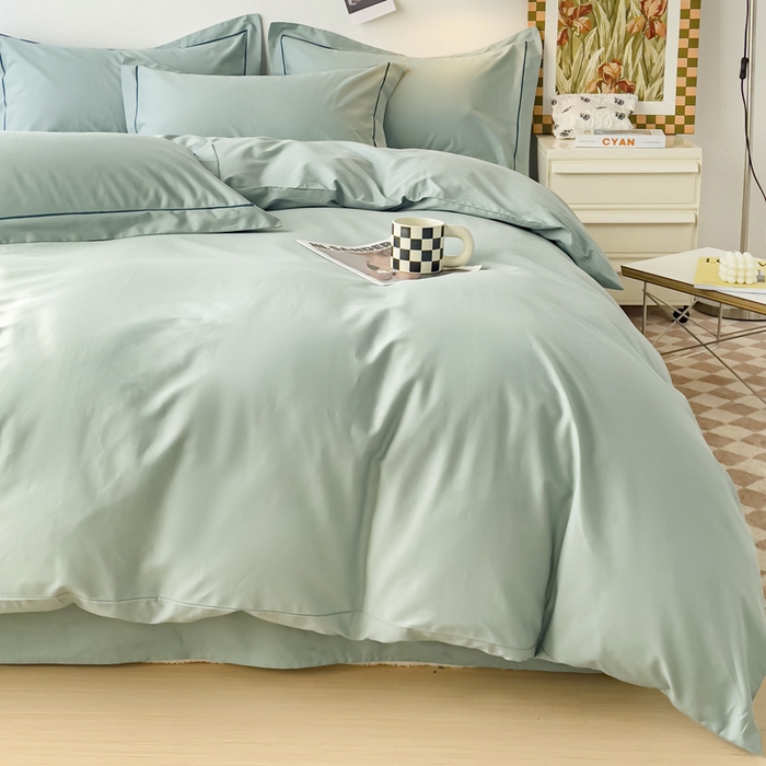 91家纺网 家纺一手货源 找家纺 锦彩家居 2026新款40支正宗13372双拼纯色全棉四件套酒店宾馆民宿学生三件套（可定制）标准号的床单是圆角吊边；小号和加大的床单都是直角 豆绿