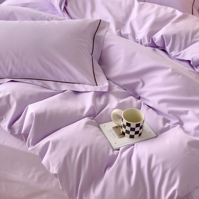 91家纺网 家纺一手货源 找家纺 锦彩家居 2026新款40支正宗13372双拼纯色全棉四件套酒店宾馆民宿学生三件套（可定制）标准号的床单是圆角吊边；小号和加大的床单都是直角 浅紫