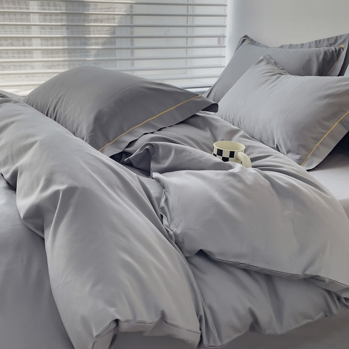 91家纺网 家纺一手货源 找家纺 锦彩家居 2026新款40支正宗13372双拼纯色全棉四件套酒店宾馆民宿学生三件套（可定制）标准号的床单是圆角吊边；小号和加大的床单都是直角 中灰