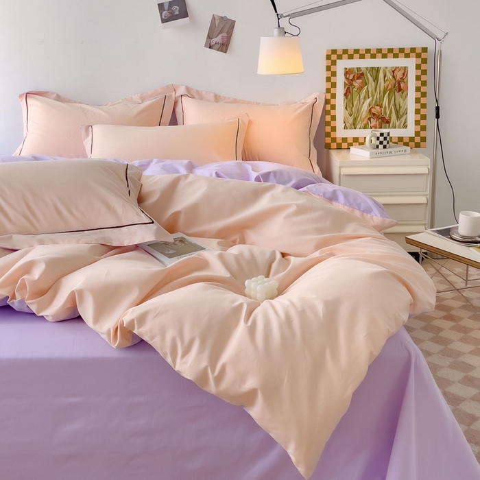 91家纺网 家纺一手货源 找家纺 锦彩家居 2026新款40支正宗13372双拼纯色全棉四件套酒店宾馆民宿学生三件套（可定制）标准号的床单是圆角吊边；小号和加大的床单都是直角 蜜桃粉-浅紫