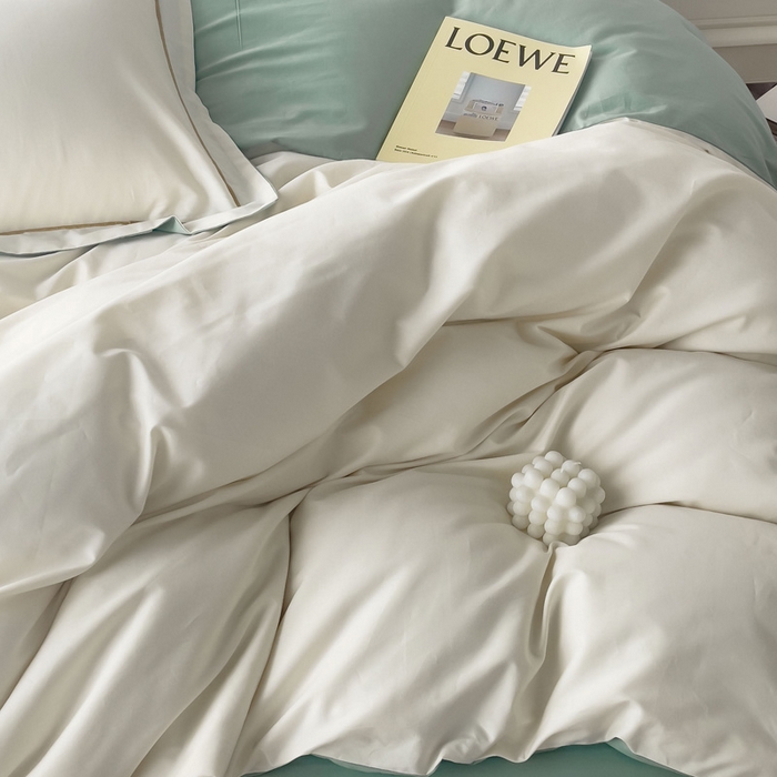 91家纺网 家纺一手货源 找家纺 锦彩家居 2026新款40支正宗13372双拼纯色全棉四件套酒店宾馆民宿学生三件套（可定制）标准号的床单是圆角吊边；小号和加大的床单都是直角 奶昔白-豆绿