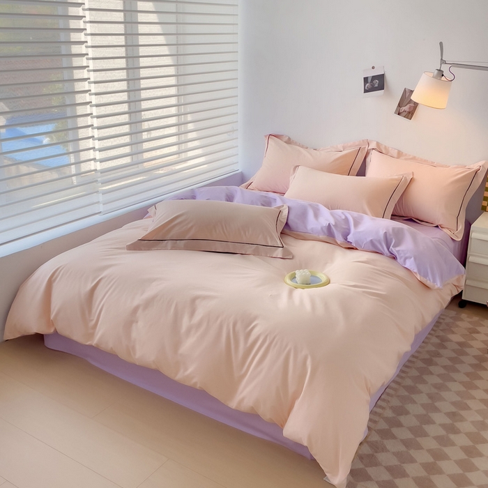91家纺网 家纺一手货源 找家纺 锦彩家居 2026新款40支正宗13372双拼纯色全棉四件套酒店宾馆民宿学生三件套（可定制）标准号的床单是圆角吊边；小号和加大的床单都是直角 蜜桃粉-浅紫
